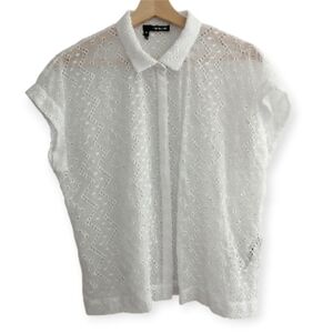 The Kooples Short Sleeve White Button Up Eyelet Embroidery Zip Zag Cutout Medium